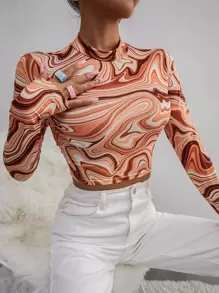 SHEIN Unity Marble Print Mock Neck Crop Tee - Multicolor - View 6