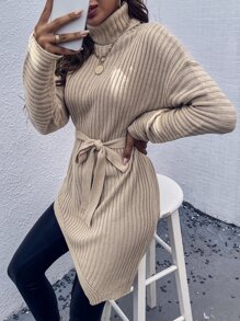 SHEIN LUNE Turtleneck Ribbed Knit Belted Asymmetrical Hem Jumper Dress - Khaki - View 5