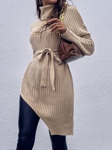 SHEIN LUNE Turtleneck Ribbed Knit Belted Asymmetrical Hem Jumper Dress - Khaki - View 6