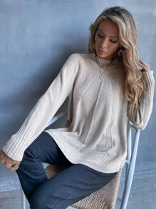 EMERY ROSE 高领插肩袖不对称下摆毛衣，长袖针织套头衫，秋冬款 - 米色 - 查看 2