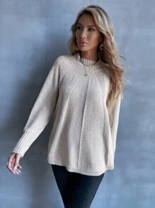 EMERY ROSE 高领插肩袖不对称下摆毛衣，长袖针织套头衫，秋冬款 - 米色 - 查看 4