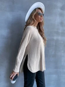 EMERY ROSE 高领插肩袖不对称下摆毛衣，长袖针织套头衫，秋冬款 - 米色 - 查看 5