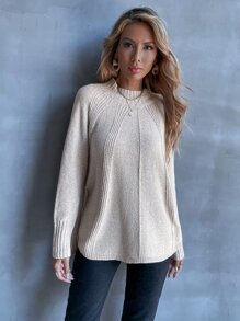 EMERY ROSE 高领插肩袖不对称下摆毛衣，长袖针织套头衫，秋冬款 - 米色 - 查看 6