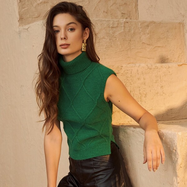 

High Neck Split Hem Knit Top, Green