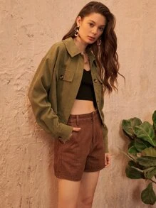 SHEIN Flap Detail Drop Shoulder Jacket - Army Green - View 2