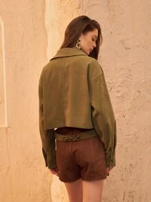 SHEIN Flap Detail Drop Shoulder Jacket - Army Green - View 3