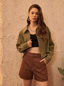 SHEIN Flap Detail Drop Shoulder Jacket - Army Green - View 5