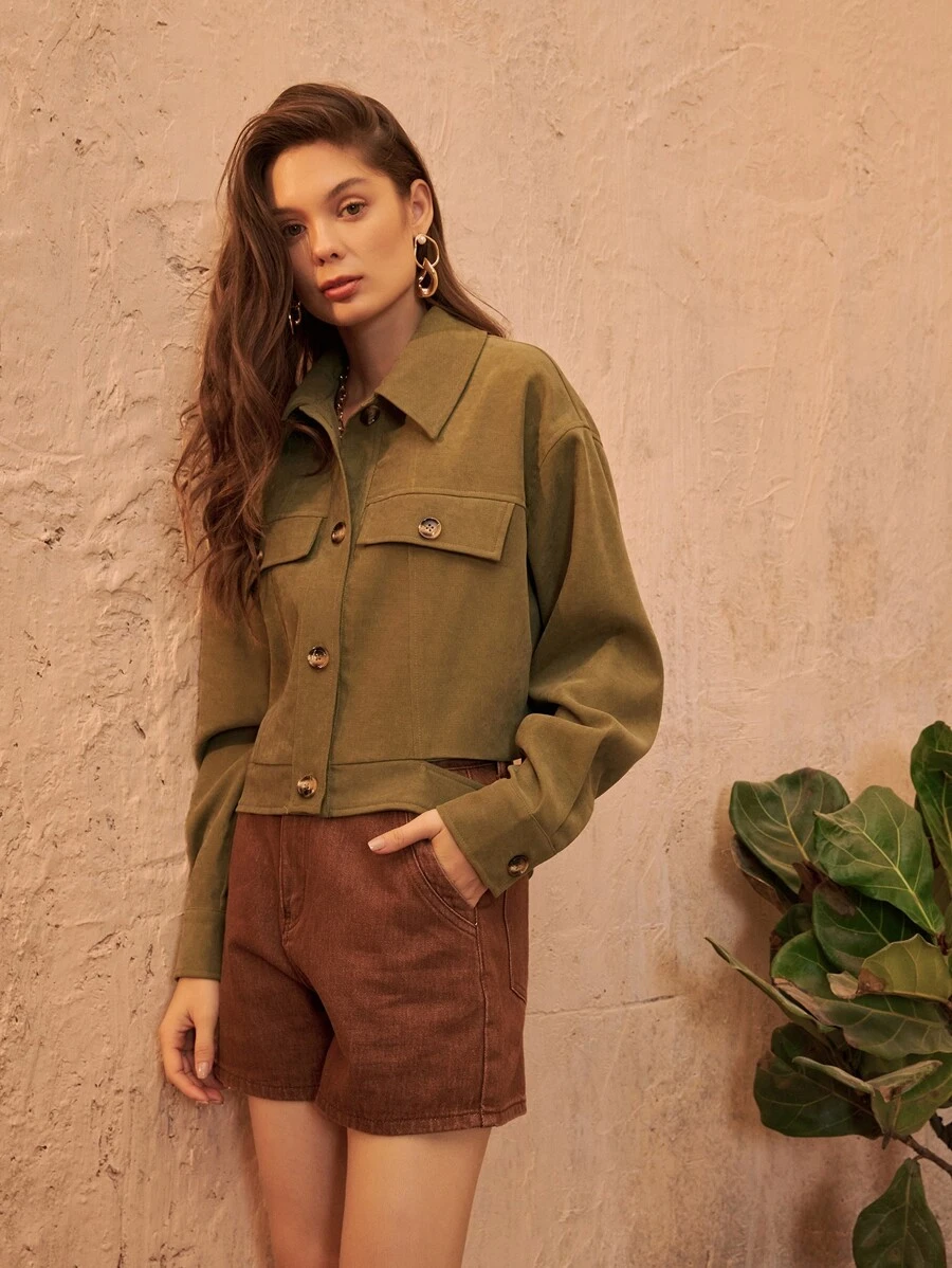 SHEIN Flap Detail Drop Shoulder Jacket - Army Green - View 1