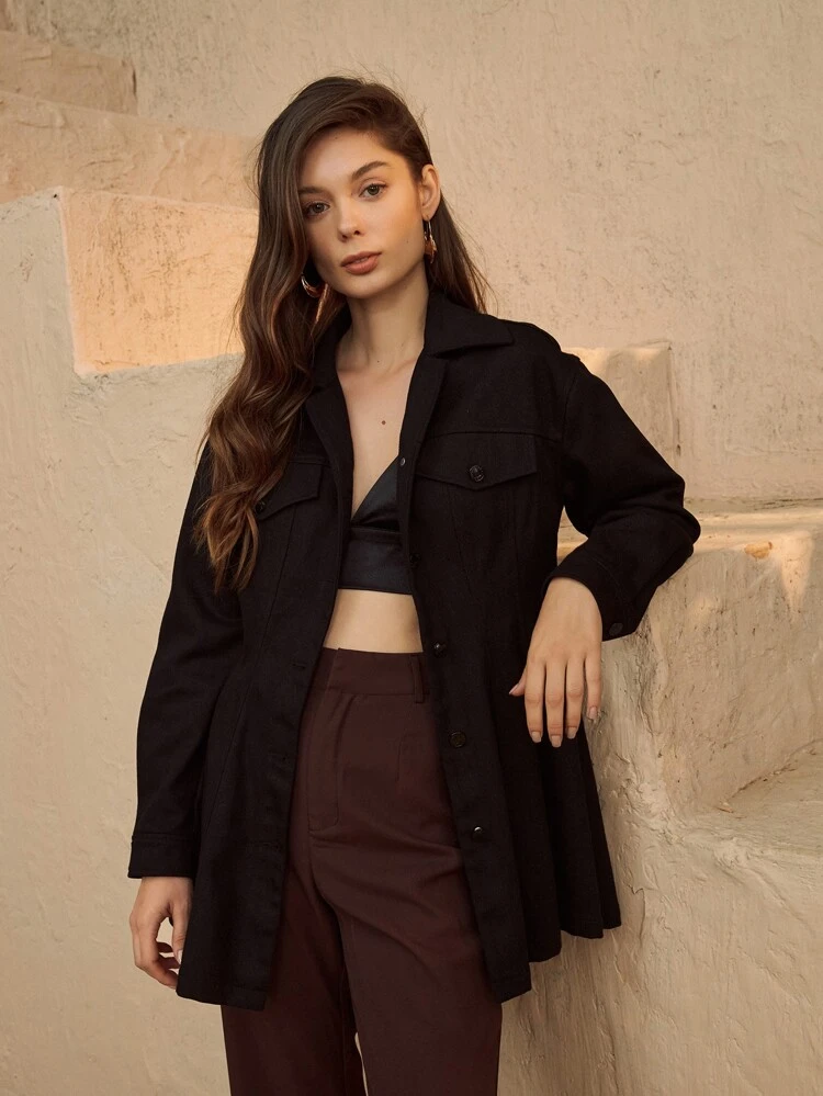 Flap Detail Button Front Solid Coat