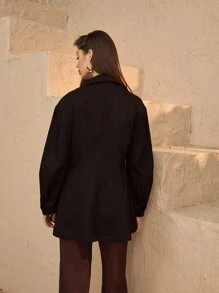 SHEIN Unity Flap Detail Button Front Solid Coat - Black - View 3
