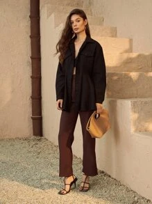 SHEIN Unity Flap Detail Button Front Solid Coat - Black - View 4