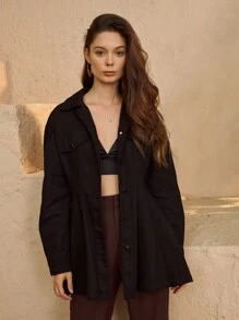 SHEIN Unity Flap Detail Button Front Solid Coat - Black - View 5