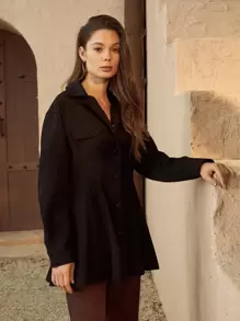 SHEIN Unity Flap Detail Button Front Solid Coat - Black - View 1