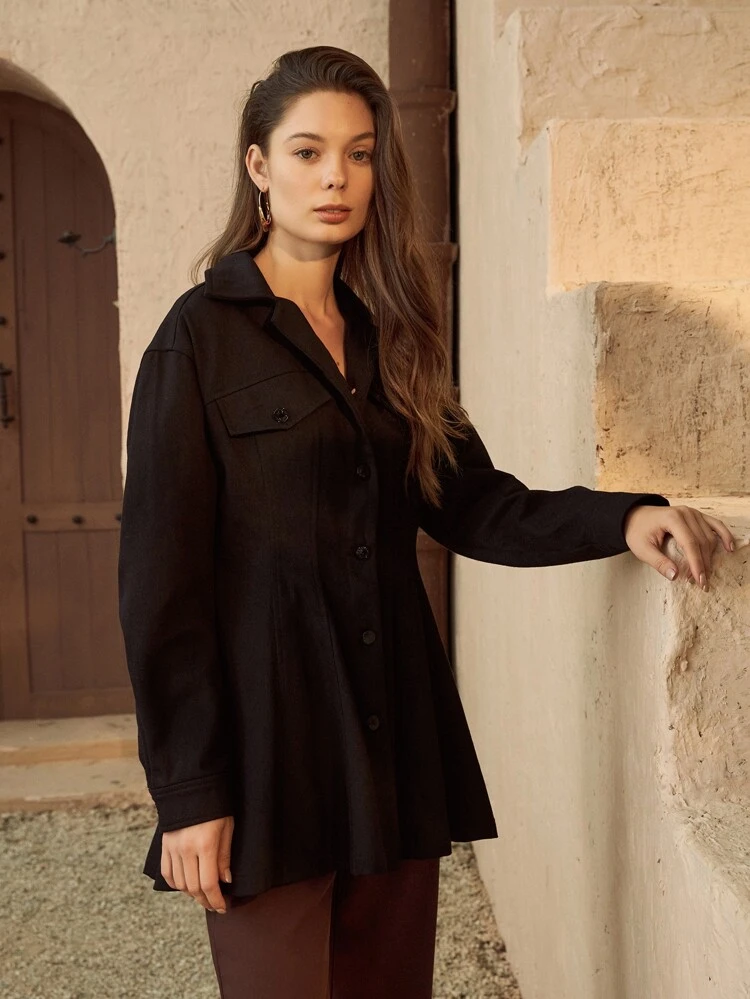 Flap Detail Button Front Solid Coat