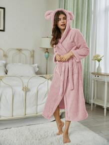 Double Pocket 3D Ear Hooded Flannel Bathrobe, Fluffy - Dusty Pink - View 3