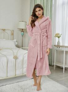 Double Pocket 3D Ear Hooded Flannel Bathrobe, Fluffy - Dusty Pink - View 5
