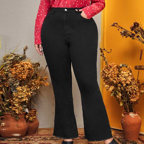 

Plus High Waist Raw Trim Flare Leg Jeans, Black