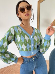 SHEIN Qutie Argyle Pattern Lantern Sleeve Crop Cardigan - Multicolor - View 1