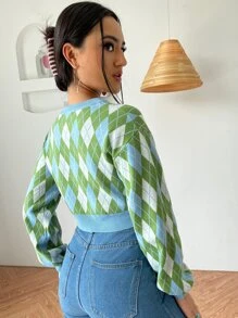 SHEIN Qutie Argyle Pattern Lantern Sleeve Crop Cardigan - Multicolor - View 2