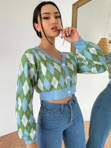 SHEIN Qutie Argyle Pattern Lantern Sleeve Crop Cardigan - Multicolor - View 3