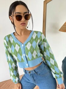 SHEIN Qutie Argyle Pattern Lantern Sleeve Crop Cardigan - Multicolor - View 4