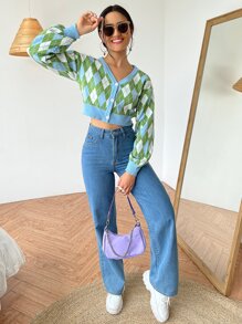 SHEIN Qutie Argyle Pattern Lantern Sleeve Crop Cardigan - Multicolor - View 5