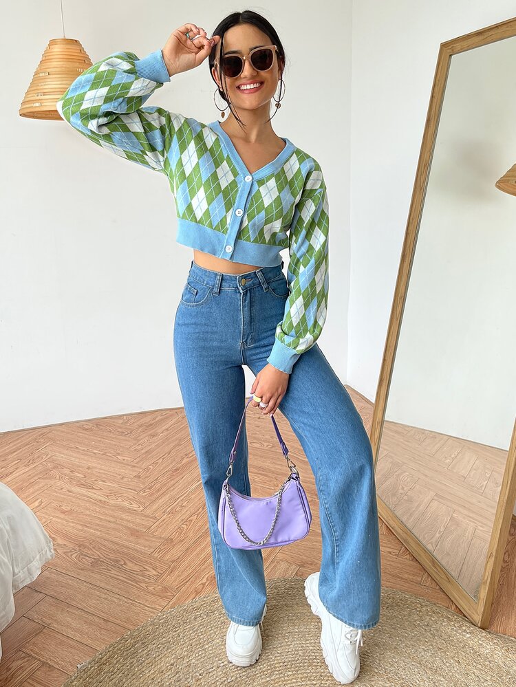 SHEIN Qutie 菱形印花燈籠袖短款開衫 - 彩色 - 查看 5