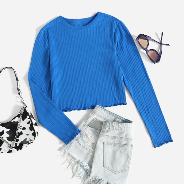 

Plus Ribbed Knit Lettuce Trim Tee, Royal blue