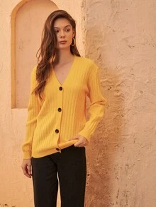 SHEIN Ribbed Knit Button Placket Cardigan - Yellow - View 4