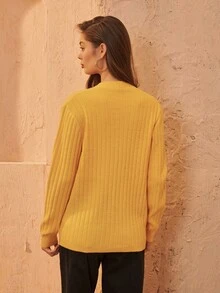 SHEIN Ribbed Knit Button Placket Cardigan - Yellow - View 3