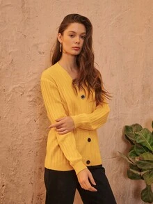 SHEIN Ribbed Knit Button Placket Cardigan - Yellow - View 2