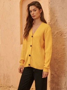 SHEIN Ribbed Knit Button Placket Cardigan - Yellow - View 5
