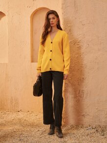 SHEIN Ribbed Knit Button Placket Cardigan - Yellow - View 1