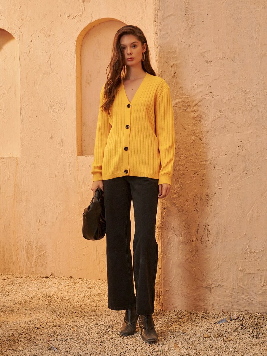 SHEIN Ribbed Knit Button Placket Cardigan - Yellow - View 1