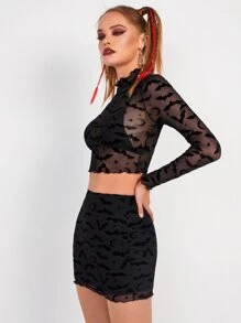 SHEIN Star And Bat Print Mock Neck Mesh Top & Bodycon Skirt Without Bra - Black - View 5