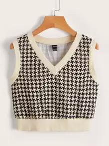 SHEIN MOD Houndstooth V Neck Tank Top - Multicolor - View 1