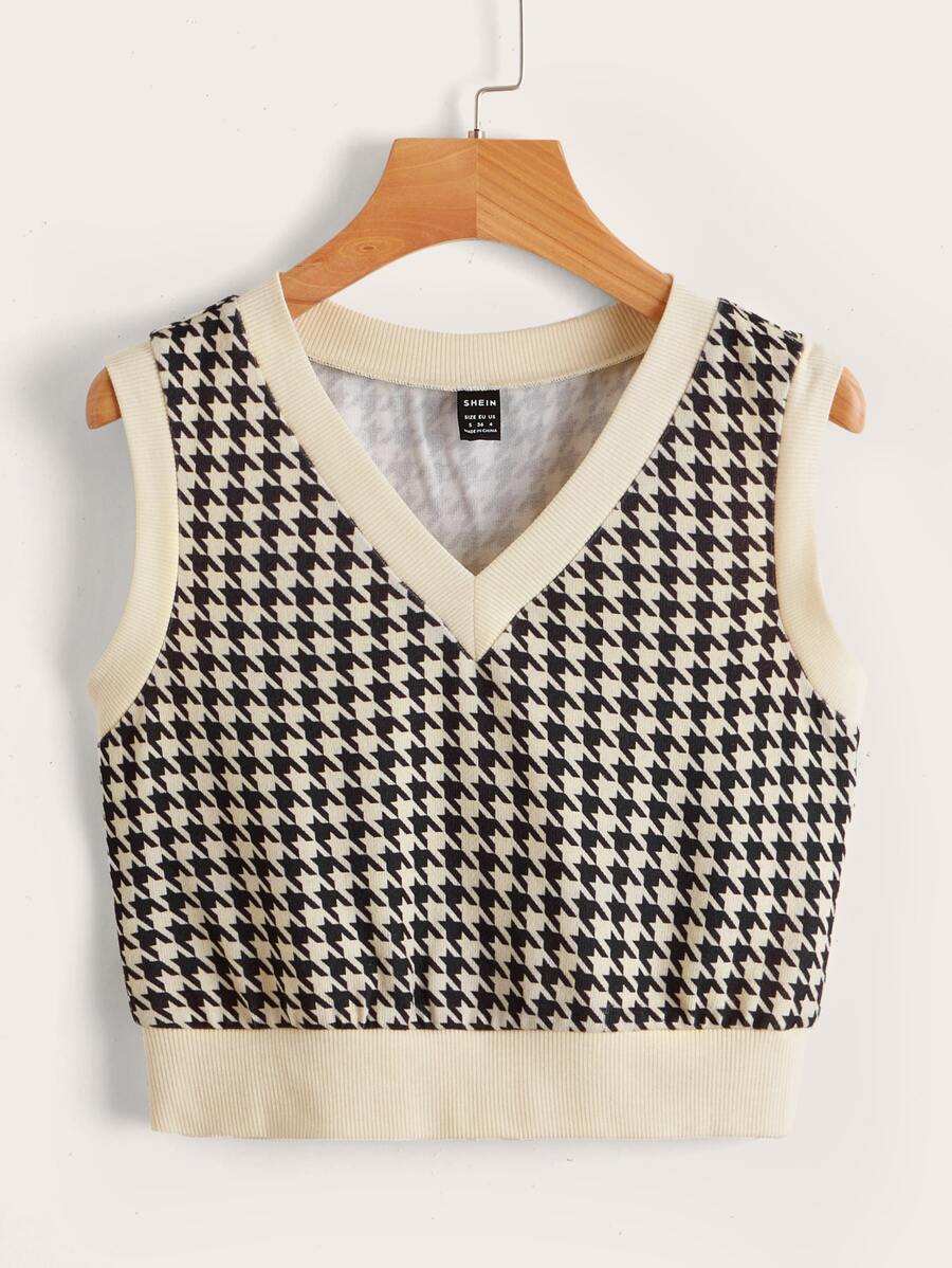SHEIN MOD Houndstooth V Neck Tank Top - Multicolor - View 1