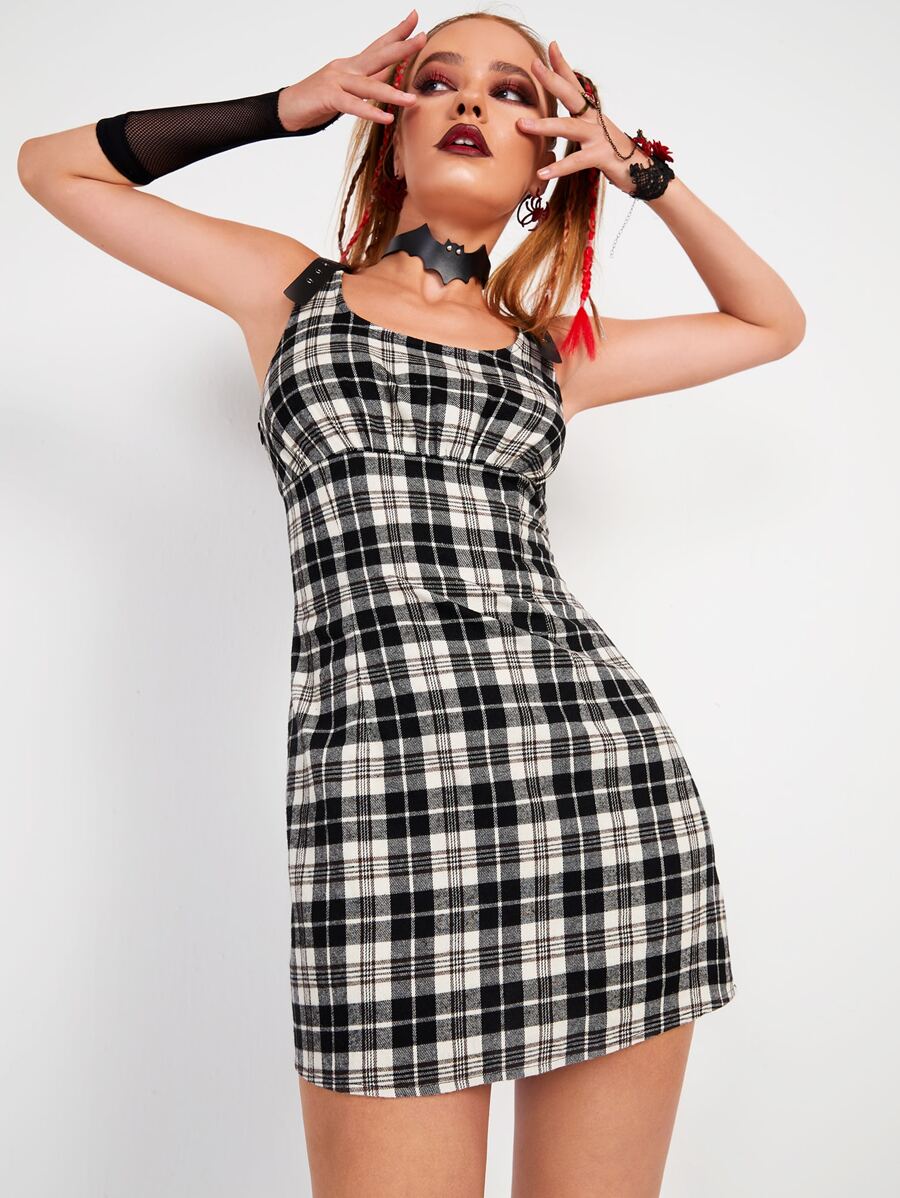 SHEIN Tartan Print Pinafore Dress - Black and White - View 1