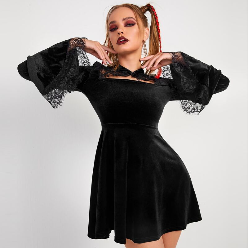 

Mandarin Collar Contrast Lace Cut Out Flounce Sleeve Velvet Dress, Black