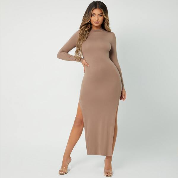 

Slit Thigh Mock Neck Bodycon Dress, Brown