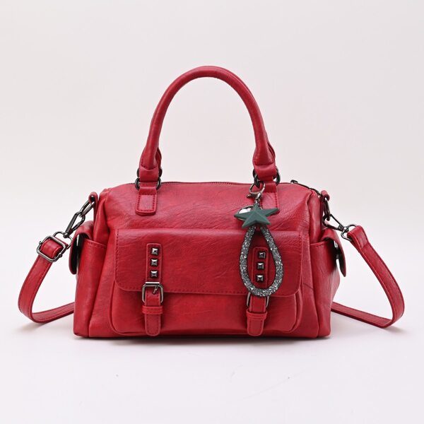

Vintage Design Studded & Buckle Decor Satchel Bag, Red