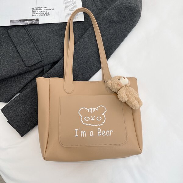 

Letter Graphic Doll Decor Shoulder Tote Bag, Khaki
