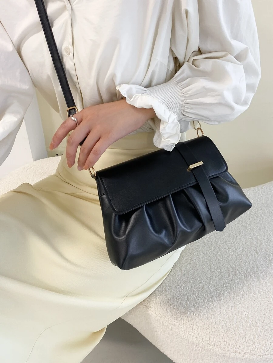 Metal Decor Ruched Design Flap Crossbody Bag - Black - View 1