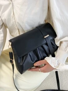 Metal Decor Ruched Design Flap Crossbody Bag - Black - View 5