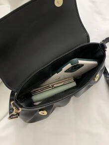 Metal Decor Ruched Design Flap Crossbody Bag - Black - View 6
