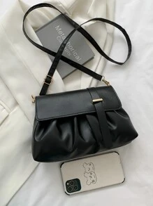 Metal Decor Ruched Design Flap Crossbody Bag - Black - View 7