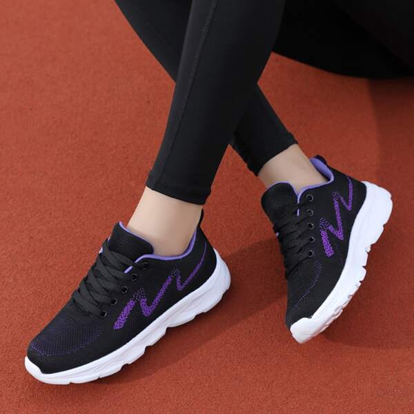 

Striped Pattern Breathable Running Shoes, Black