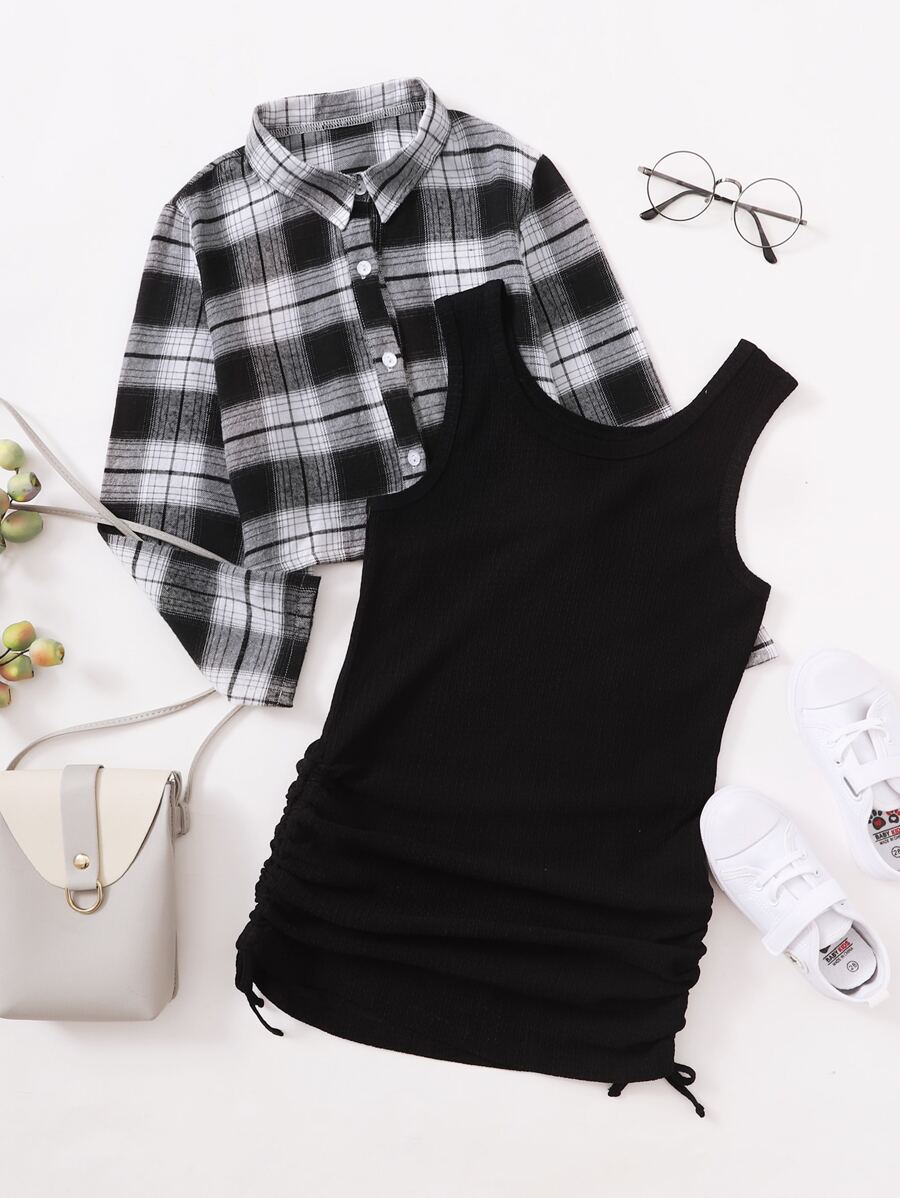 Bộ hai mảnh Gái Nút Dây rút giả Sọc ca rô Giải trí - Đen và trắng - Xem 1