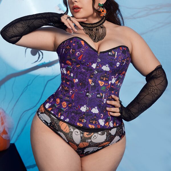 

Plus Halloween Print Lace-up Back Corset, Multicolor