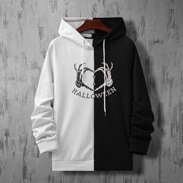 

Men Skeleton Hand & Letter Graphic Two Tone Drawstring Hoodie, Black and white
